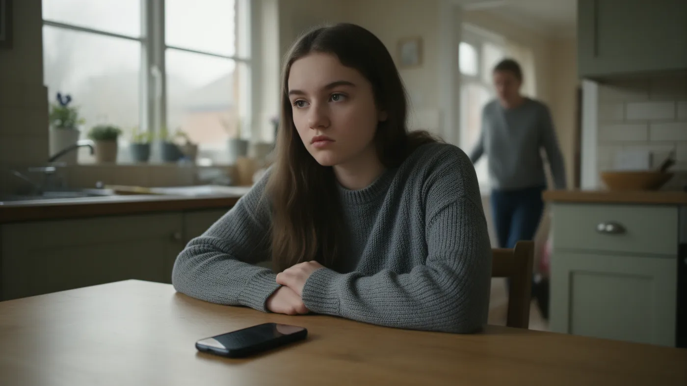 An eighteen-year-old sitting at a kitchen table the morning after results day, phone face-down beside her, a parent entering the room in soft morning light