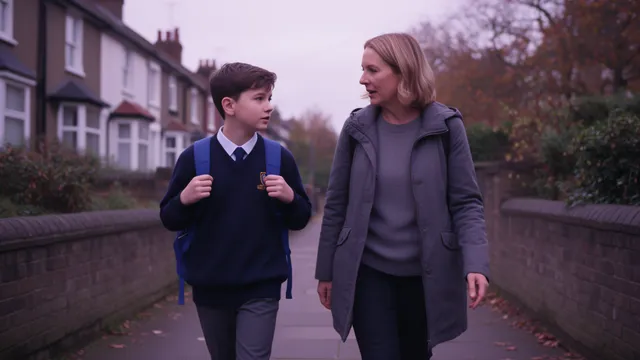 A mother and her twelve-year-old son walking together along a suburban pavement on the way to school, mid-conversation, overcast autumn light