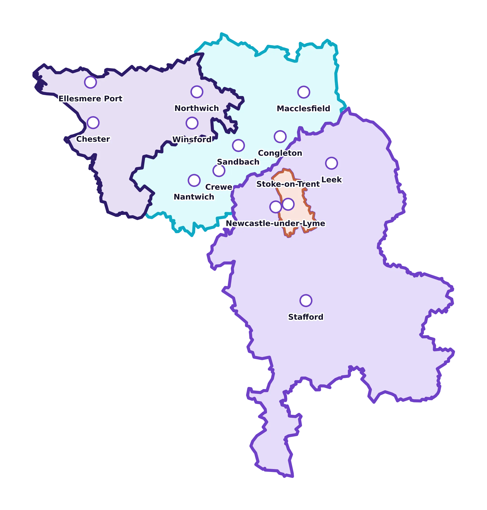 Map of the SoulSpace Pastoral coverage area, showing the real boundaries of Staffordshire (purple), Cheshire East (cyan), Cheshire West and Chester (dark purple), and Stoke-on-Trent (orange) as a separate unitary authority within Staffordshire. Marked towns and cities: Stafford, Stoke-on-Trent, Newcastle-under-Lyme and Leek in Staffordshire; Crewe, Macclesfield, Congleton, Nantwich and Sandbach in Cheshire East; Chester, Ellesmere Port, Winsford and Northwich in Cheshire West and Chester.