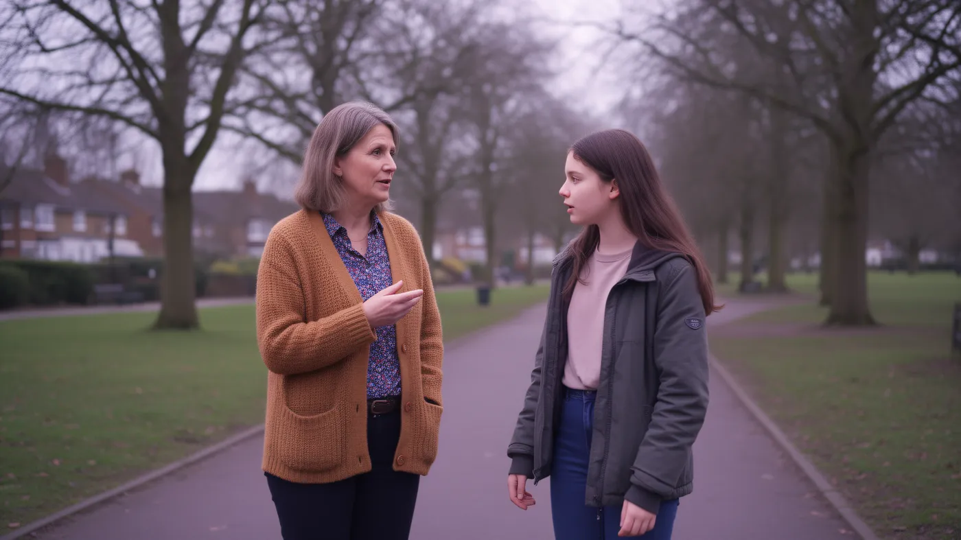 A pastoral practitioner and a teenage girl walking side by side along a quiet tree-lined path, mid-conversation, soft overcast daylight