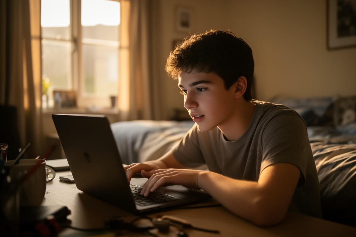 An eighteen-year-old sitting at a desk with a laptop, leaning in and beginning to research options, warm afternoon light