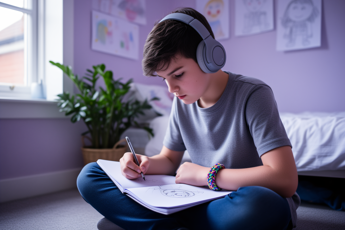 A thirteen-year-old sitting cross-legged on their bedroom floor wearing headphones, drawing in a sketchbook, a fidget bracelet on one wrist, personal bedroom around them