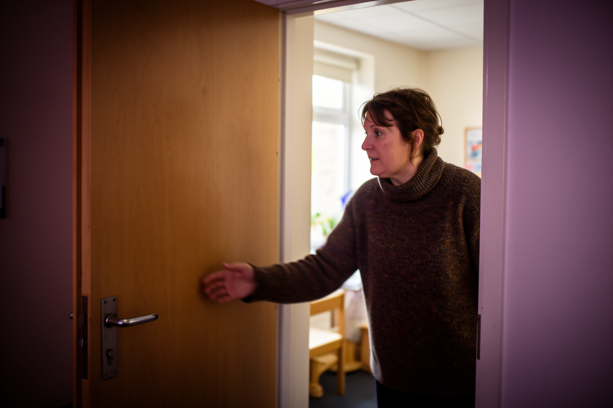 A pastoral practitioner holding a door open in soft natural light, an everyday threshold moment rather than a formal office setting